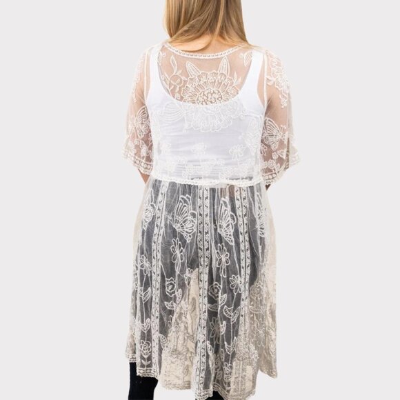 LIB Ivory Lace Duster Kimono Floral Embroidered One Size NWT - Picture 3 of 4